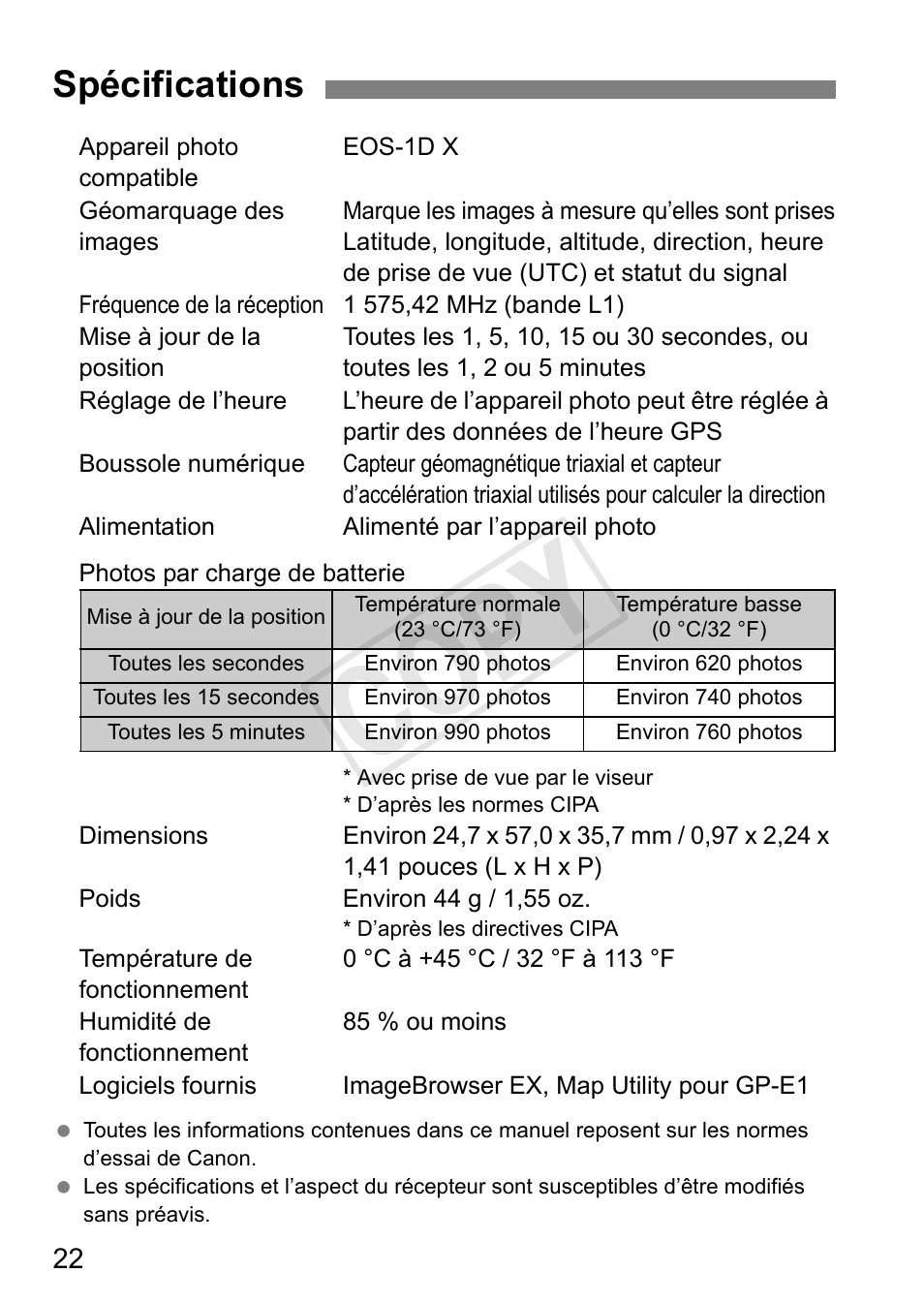 Cop y, Spécifications | Canon GPS Receiver GP-E1 User Manual | Page 72 / 228
