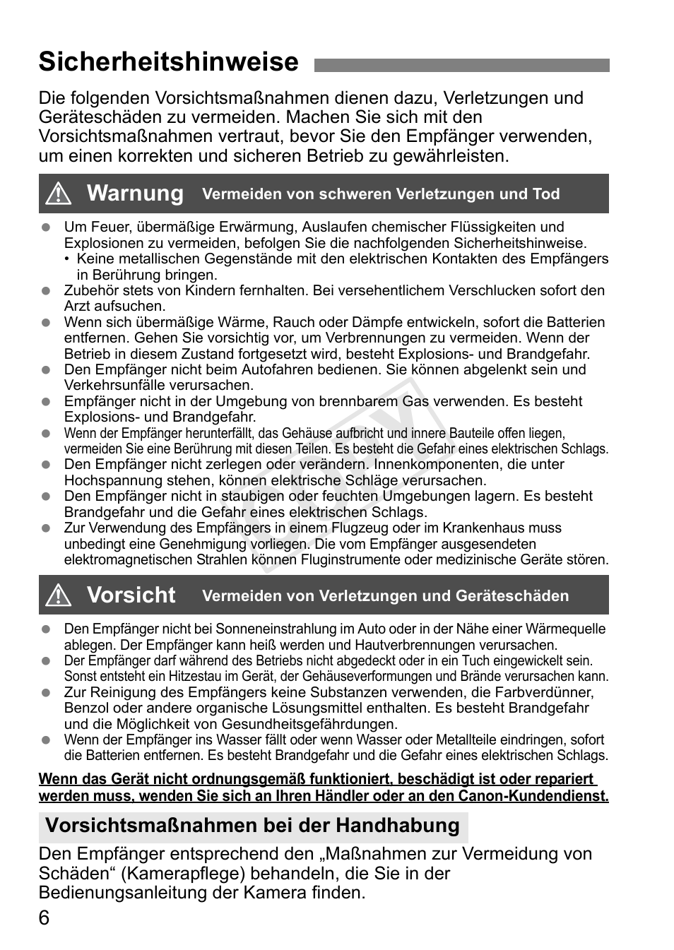 Cop y, Sicherheitshinweise, Warnung | Vorsicht, Vorsichtsmaßnahmen bei der handhabung | Canon GPS Receiver GP-E1 User Manual | Page 80 / 228
