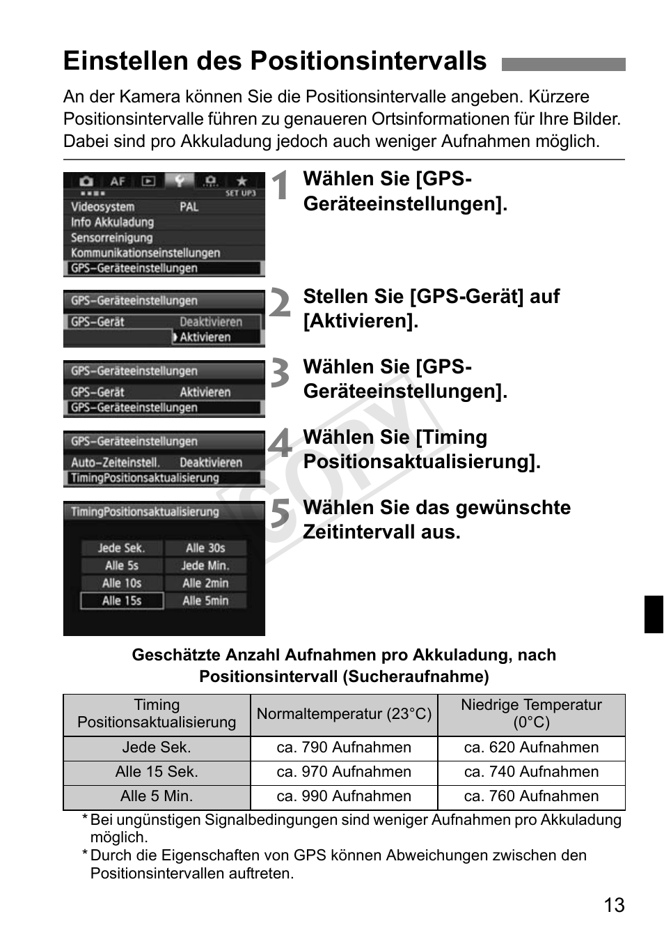 Cop y, Einstellen des positionsintervalls | Canon GPS Receiver GP-E1 User Manual | Page 87 / 228