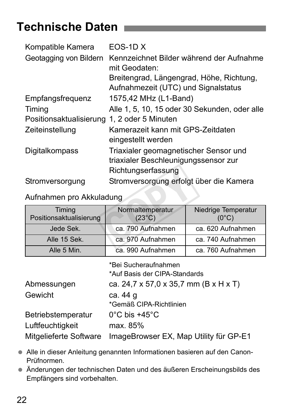 Cop y, Technische daten | Canon GPS Receiver GP-E1 User Manual | Page 96 / 228