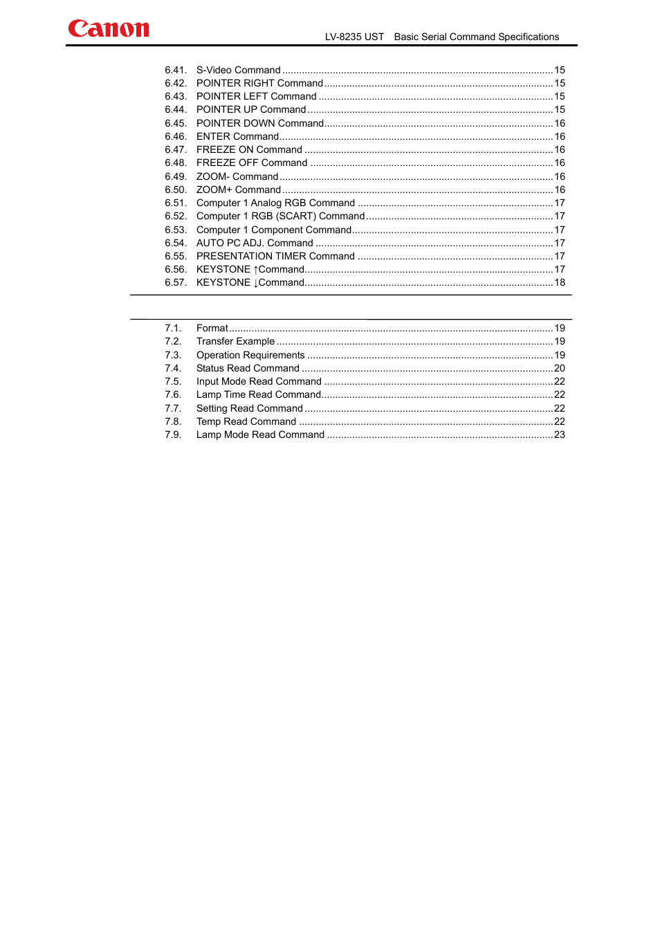 Status read command | Canon LV-8235 UST User Manual | Page 3 / 26