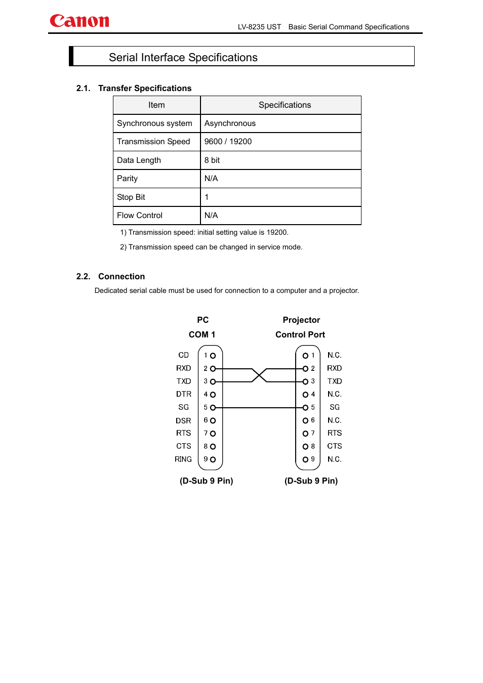 Serial interface specifications | Canon LV-8235 UST User Manual | Page 5 / 26