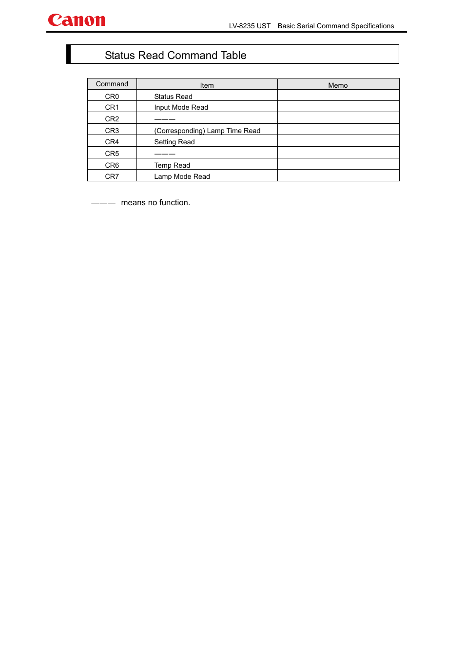 Status read command table | Canon LV-8235 UST User Manual | Page 9 / 26