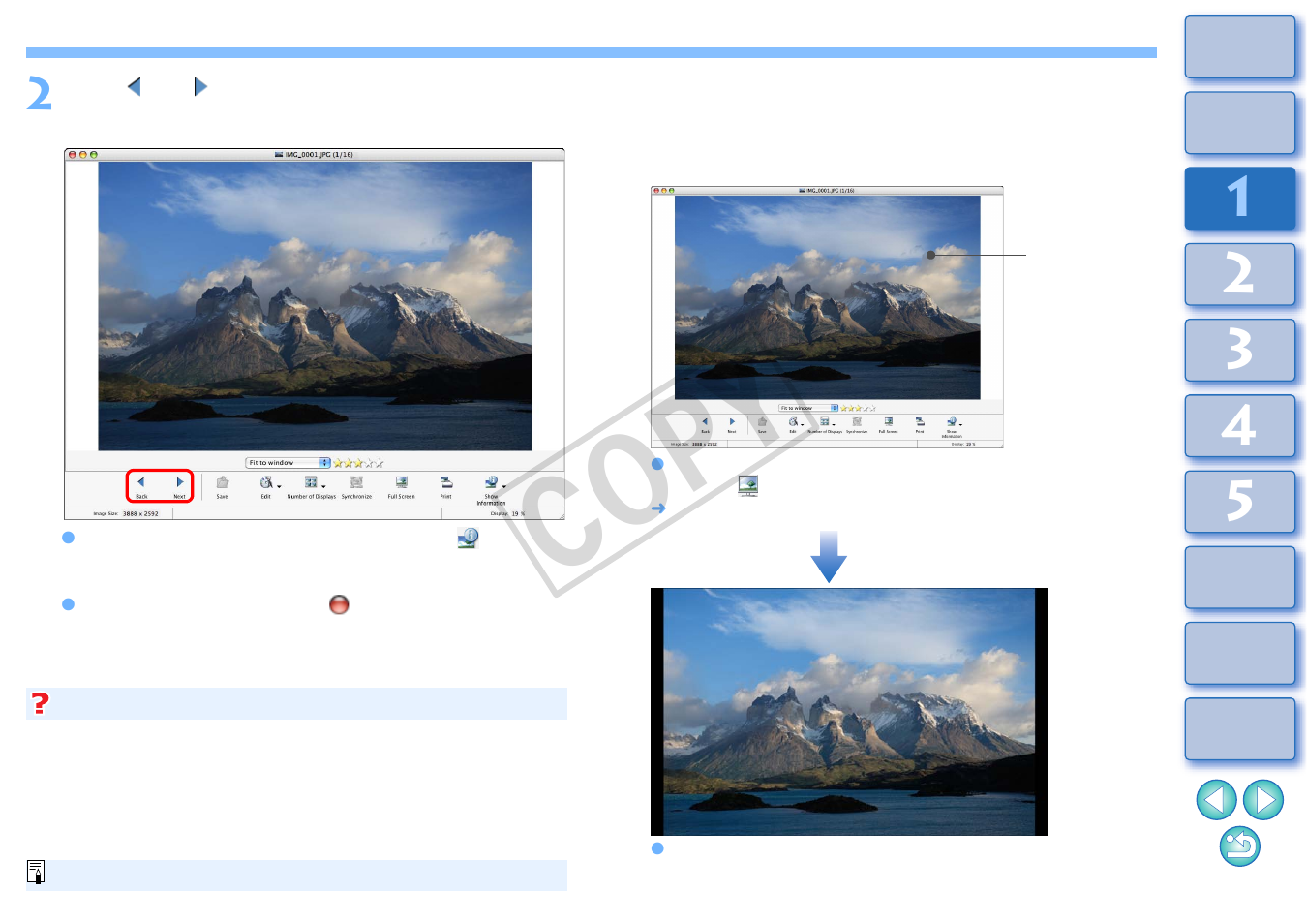 Displaying an image across the whole window, Full view display), Displaying an image across the whole window (full | View display), Cop y | Canon EOS Rebel T3i 18-55mm IS II Lens Kit User Manual | Page 13 / 89