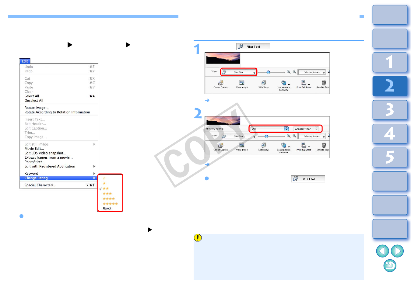 Filtering images you want to display, Sorting images in the main window, Cop y | Canon EOS Rebel T3i 18-55mm IS II Lens Kit User Manual | Page 21 / 89