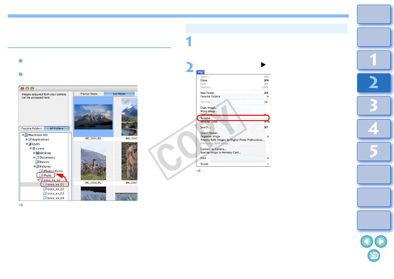 Moving images in folders, Changing file and folder names for images, Cop y | Canon EOS Rebel T3i 18-55mm IS II Lens Kit User Manual | Page 25 / 89