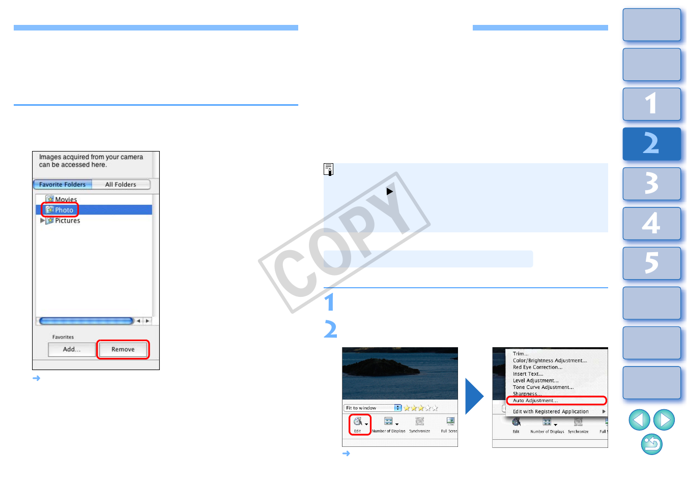 Editing an image, Deleting favorite folders, Automatic adjustment using ib | Cop y | Canon EOS Rebel T3i 18-55mm IS II Lens Kit User Manual | Page 28 / 89
