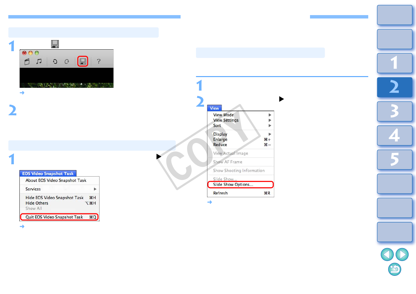 Utilizing your images, Saving edited video snapshot albums, Exiting the video snapshot album window | Viewing images as a slide show, Cop y | Canon EOS Rebel T3i 18-55mm IS II Lens Kit User Manual | Page 43 / 89