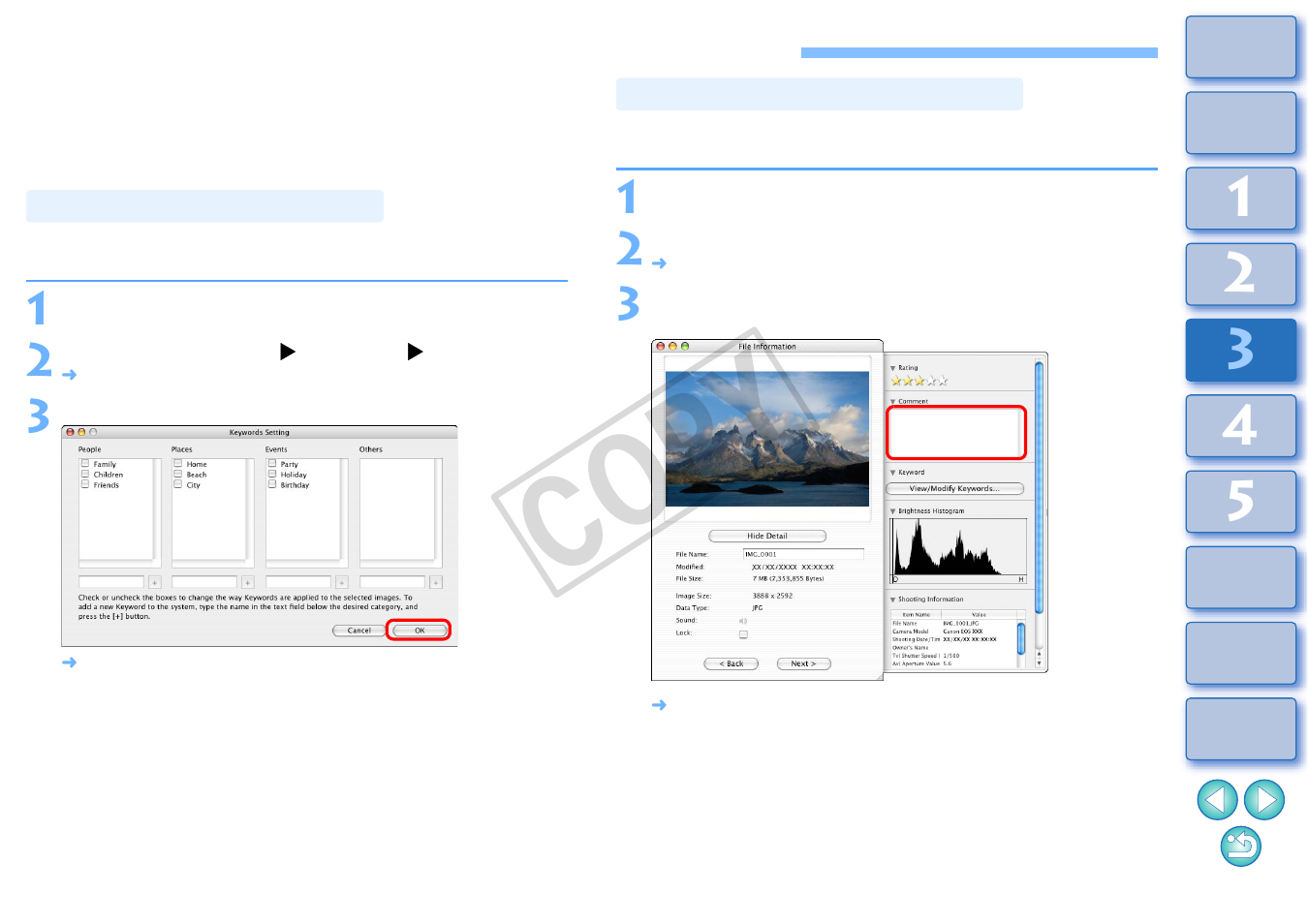 Organizing images using high-level functions, Setting keywords in images, Entering comments into images | Cop y | Canon EOS Rebel T3i 18-55mm IS II Lens Kit User Manual | Page 57 / 89