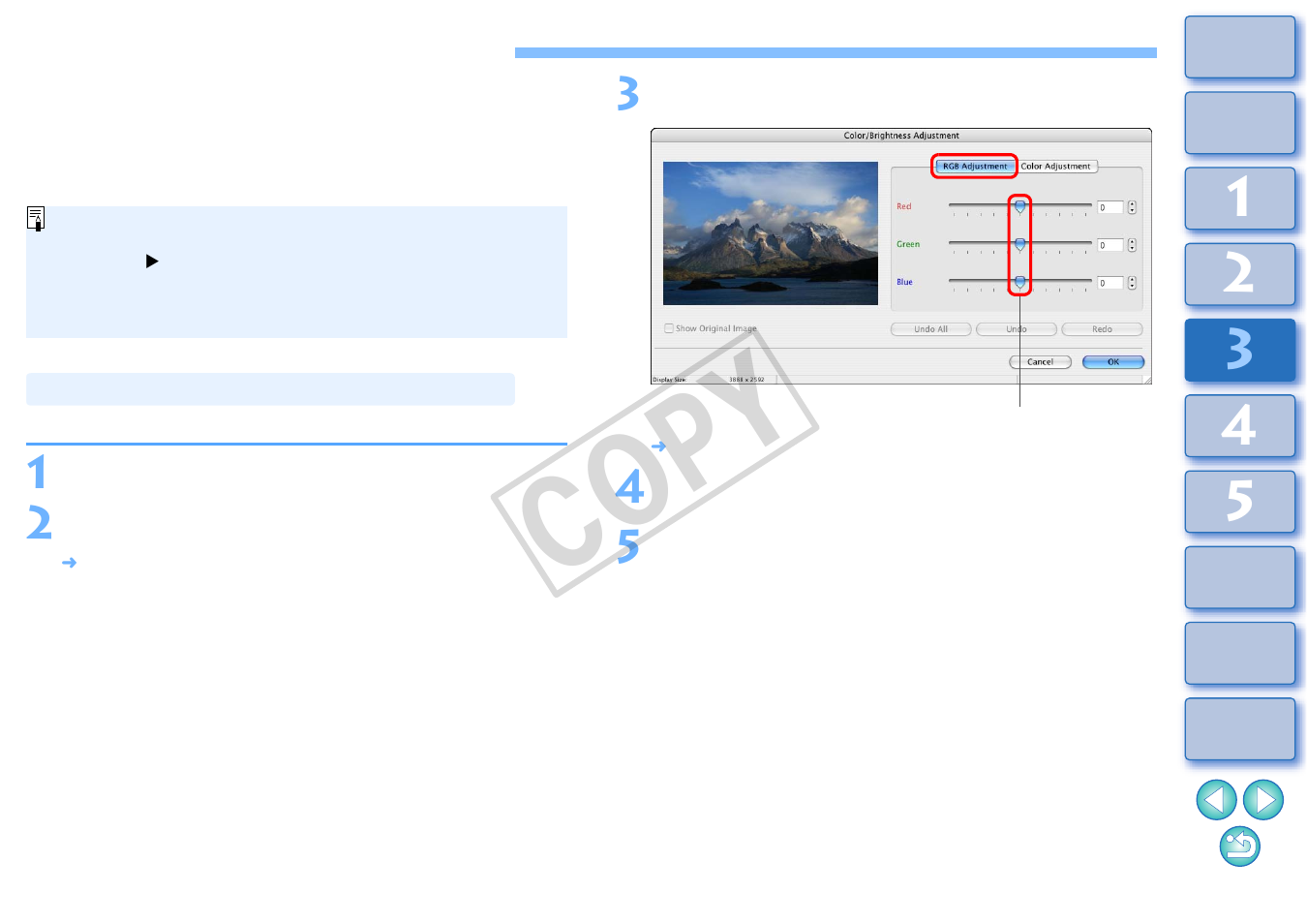 Performing advanced editing, Adjusting the color of an image in rgb, Cop y | Canon EOS Rebel T3i 18-55mm IS II Lens Kit User Manual | Page 61 / 89