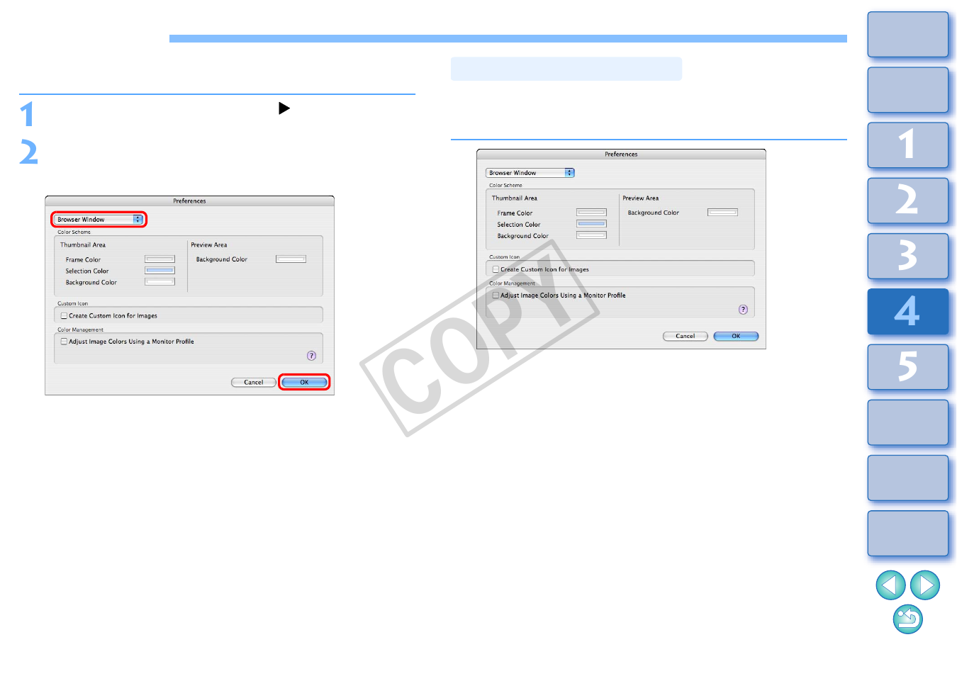 Preferences, Browser window settings, Cop y | Canon EOS Rebel T3i 18-55mm IS II Lens Kit User Manual | Page 67 / 89