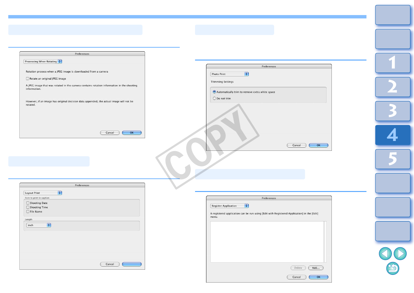 Processing when rotating settings, Layout print settings, Photo print settings | Register application settings, Cop y | Canon EOS Rebel T3i 18-55mm IS II Lens Kit User Manual | Page 69 / 89