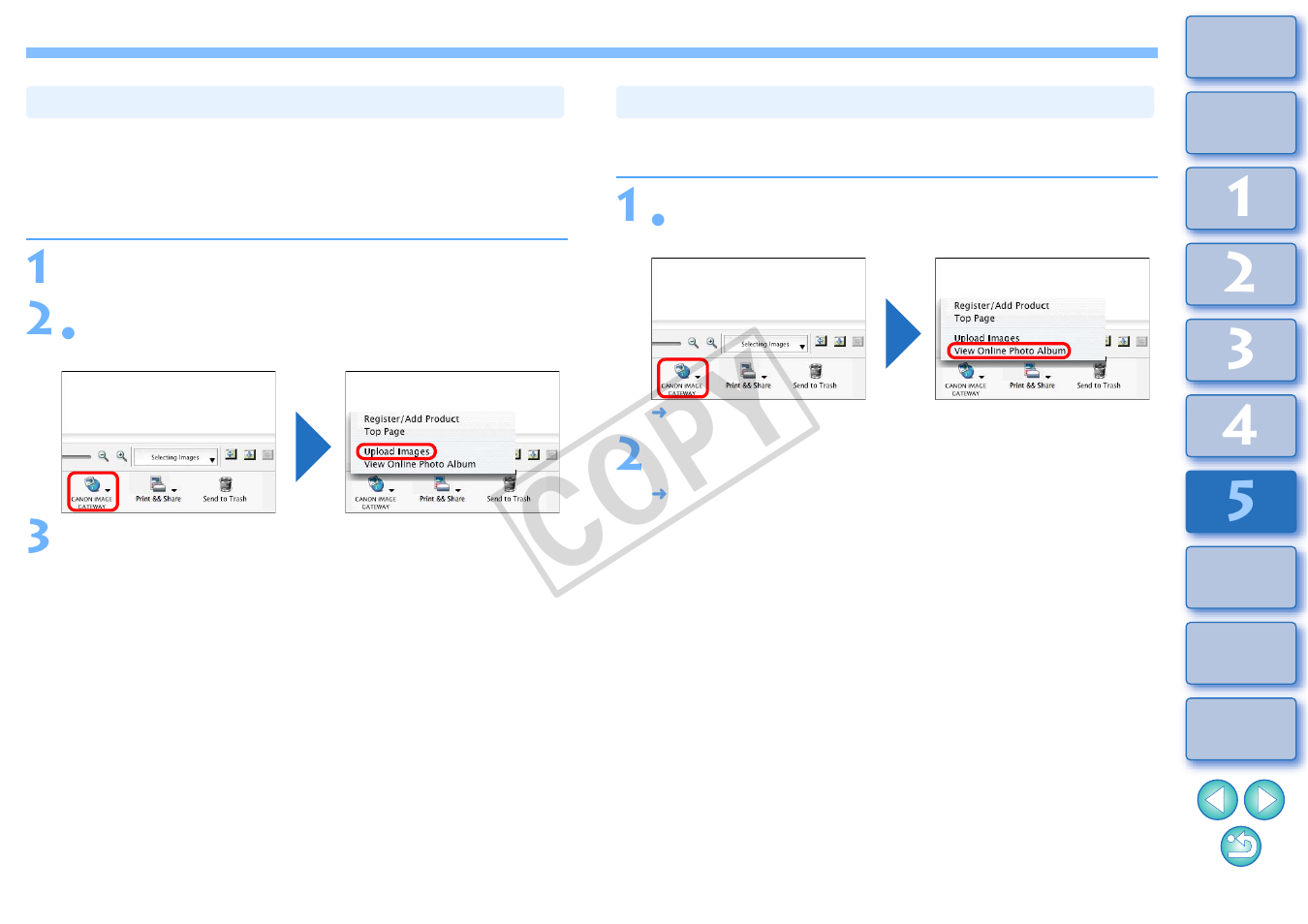 Uploading images in a canon image gateway, Album, Displaying a registered canon image gateway | Cop y | Canon EOS Rebel T3i 18-55mm IS II Lens Kit User Manual | Page 73 / 89