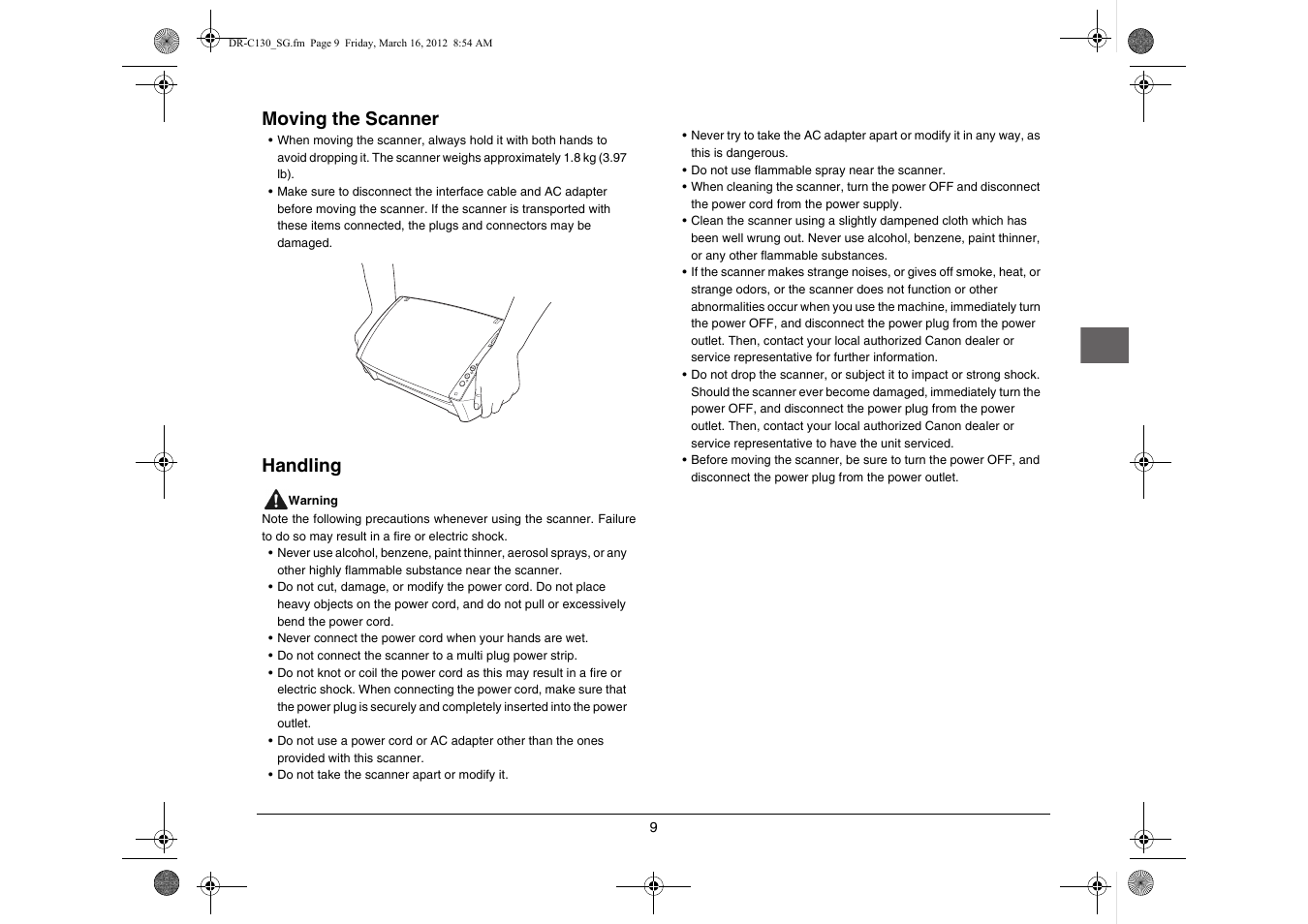 Moving the scanner, Handling | Canon imageFORMULA DR-C130 Document Scanner User Manual | Page 10 / 50