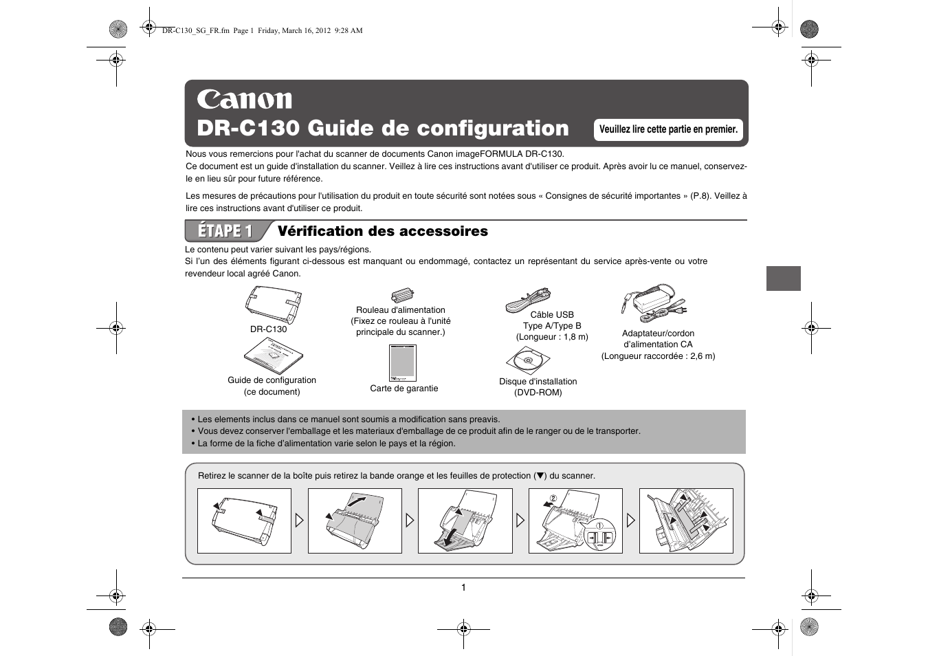 Dr-c130 guide de configuration, Vérification des accessoires | Canon imageFORMULA DR-C130 Document Scanner User Manual | Page 18 / 50