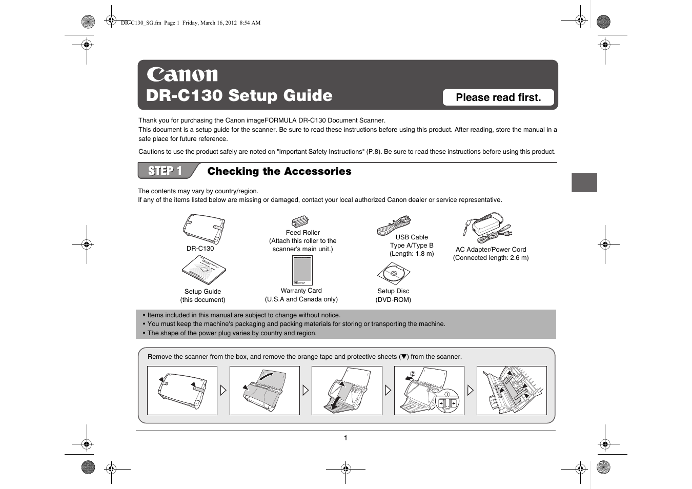 Dr-c130 setup guide, Please read first. checking the accessories | Canon imageFORMULA DR-C130 Document Scanner User Manual | Page 2 / 50