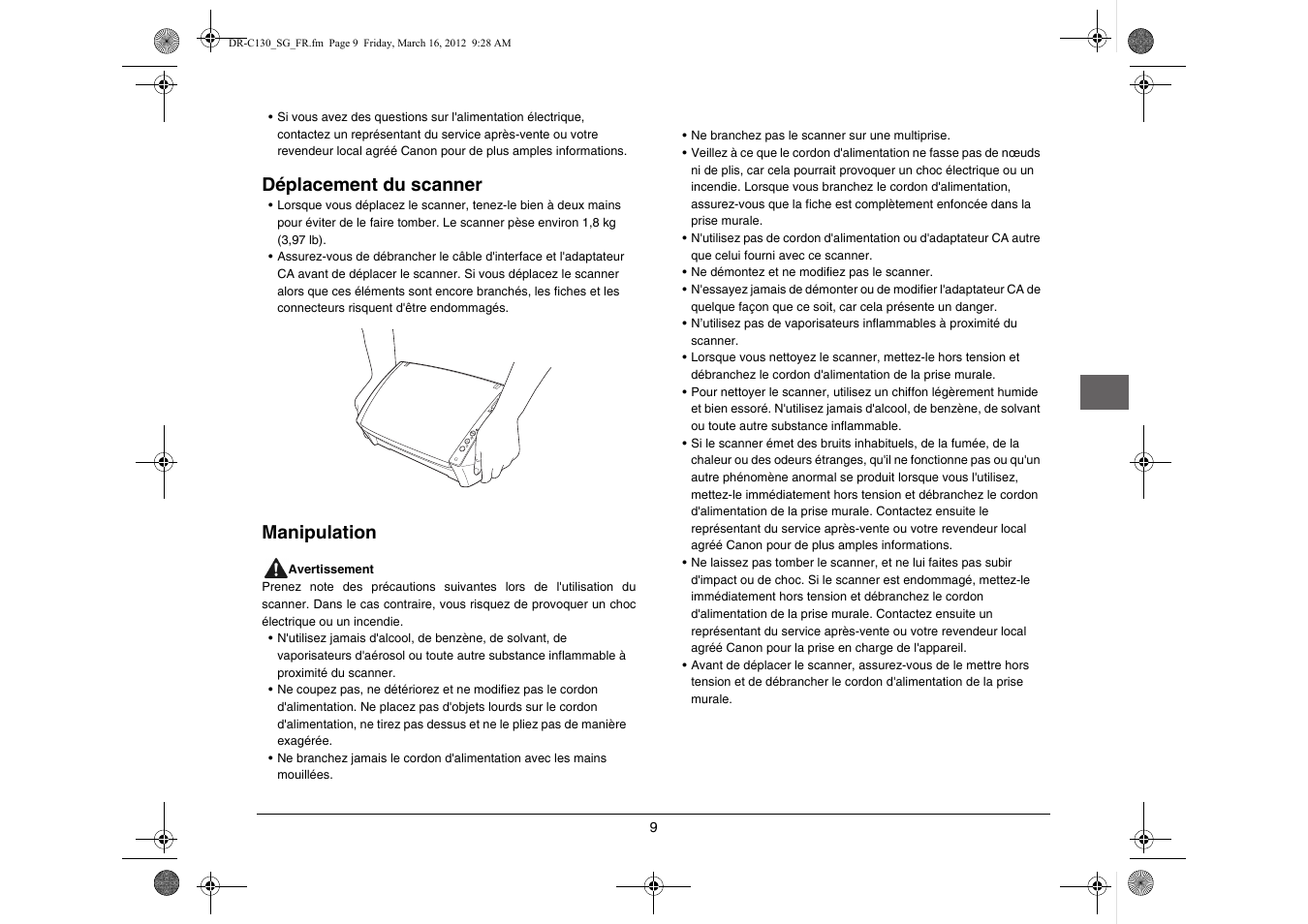 Déplacement du scanner, Manipulation | Canon imageFORMULA DR-C130 Document Scanner User Manual | Page 26 / 50