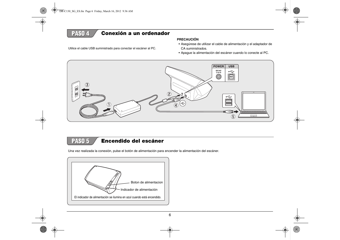 Conexión a un ordenador, Encendido del escáner | Canon imageFORMULA DR-C130 Document Scanner User Manual | Page 39 / 50