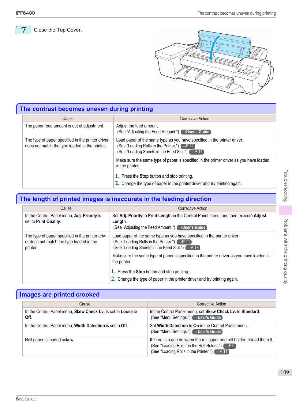The contrast becomes uneven during printing, Images are printed crooked | Canon imagePROGRAF iPF6400 User Manual | Page 109 / 142