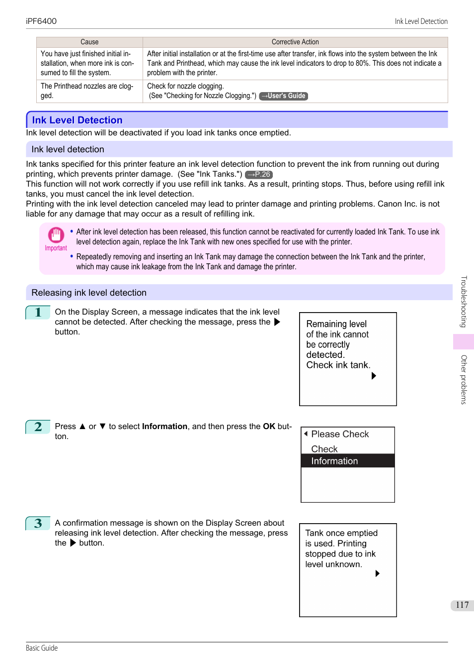 Ink level detection | Canon imagePROGRAF iPF6400 User Manual | Page 117 / 142