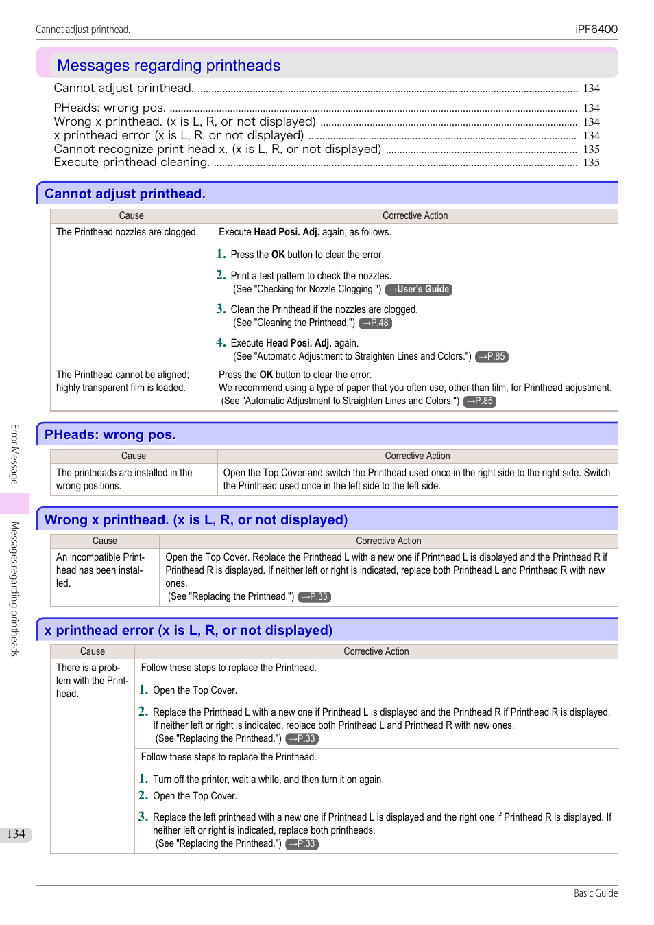 Messages regarding printheads, Cannot adjust printhead, Pheads: wrong pos | Wrong x printhead. (x is l, r, or not displayed), X printhead error (x is l, r, or not displayed) | Canon imagePROGRAF iPF6400 User Manual | Page 134 / 142