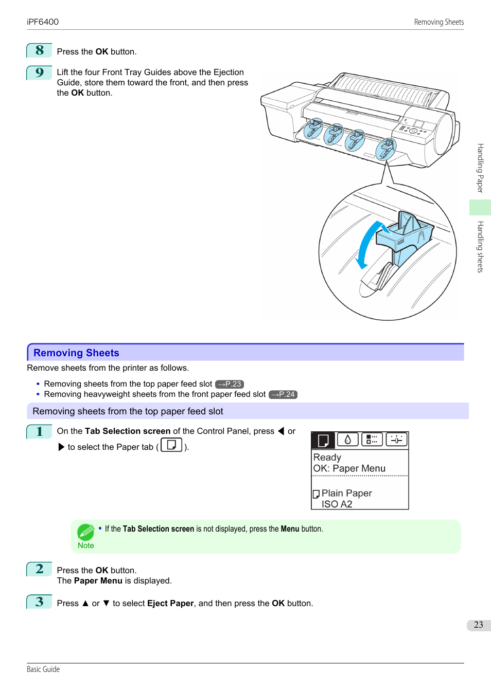 Removing sheets | Canon imagePROGRAF iPF6400 User Manual | Page 23 / 142