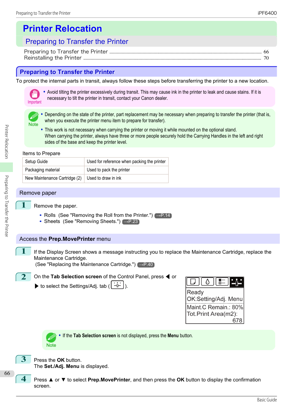 Printer relocation, Preparing to transfer the printer | Canon imagePROGRAF iPF6400 User Manual | Page 66 / 142