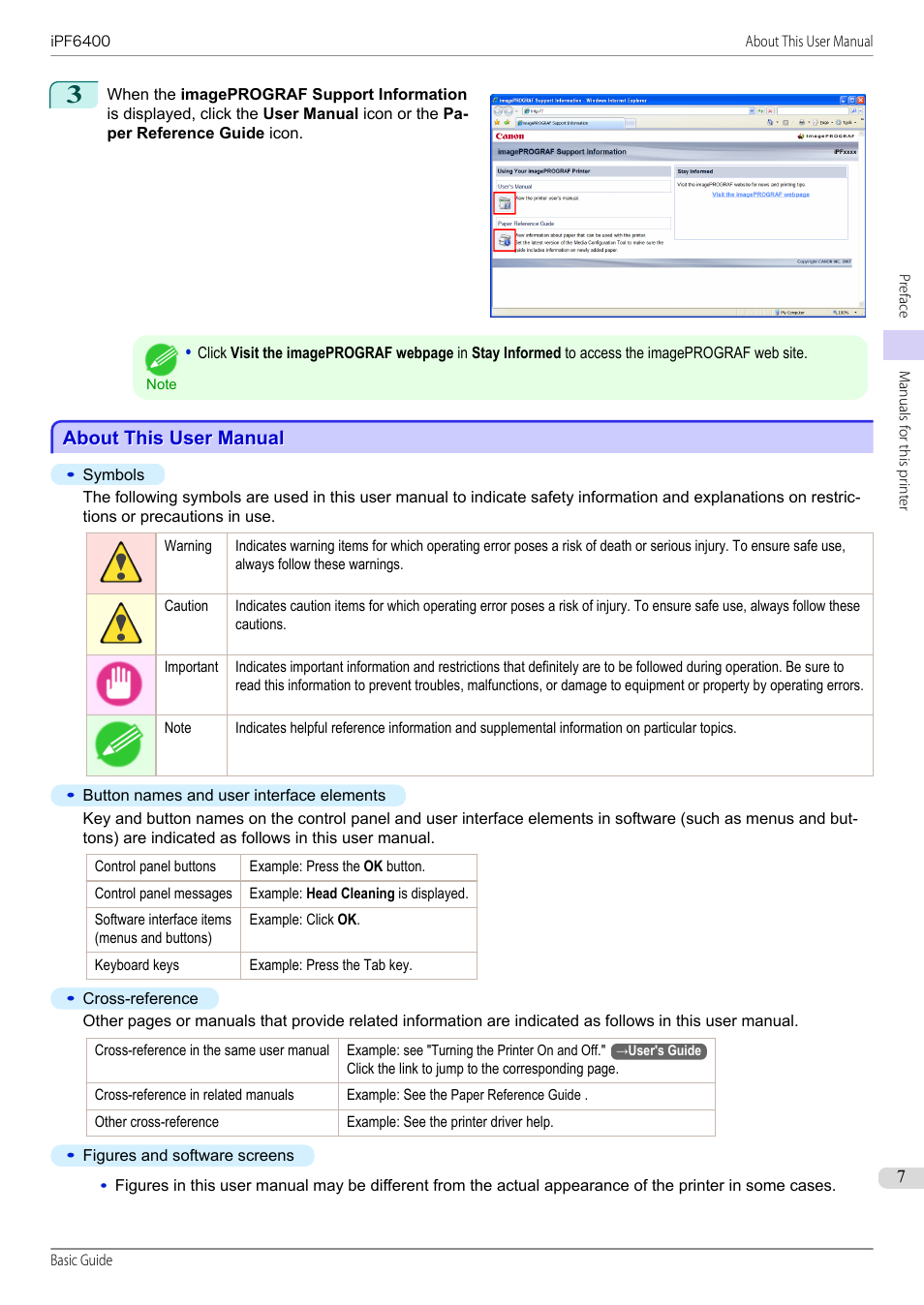 About this user manual | Canon imagePROGRAF iPF6400 User Manual | Page 7 / 142