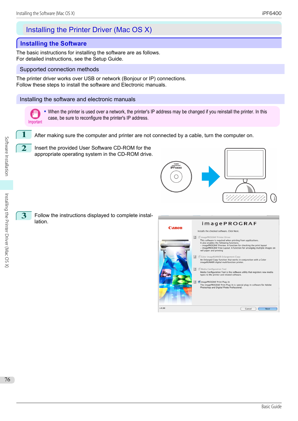 Installing the printer driver (mac os x), Installing the software, See "installing the software (mac os x).") | P.76 | Canon imagePROGRAF iPF6400 User Manual | Page 76 / 142