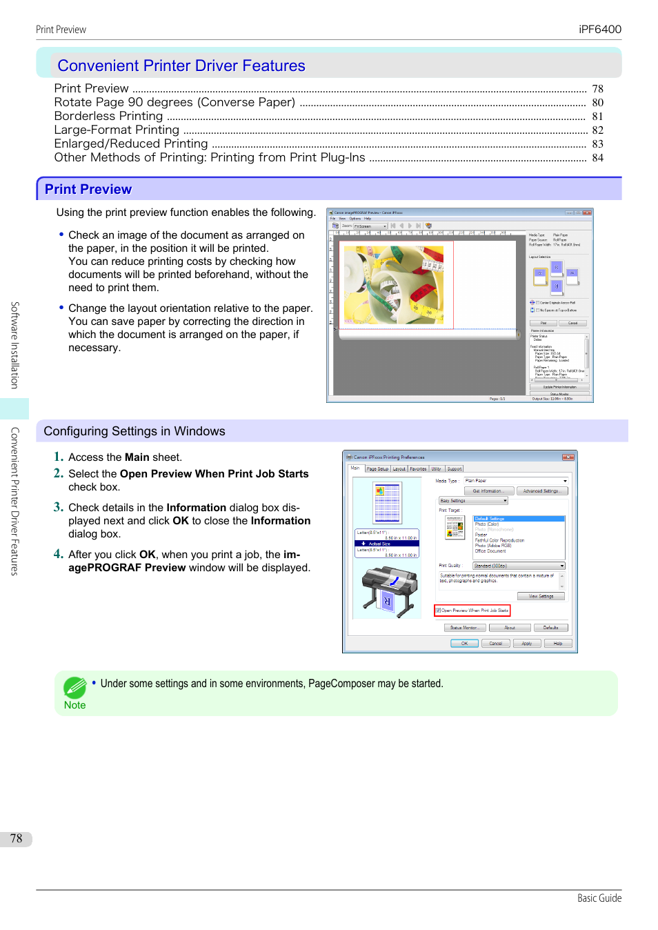 Convenient printer driver features, Print preview | Canon imagePROGRAF iPF6400 User Manual | Page 78 / 142