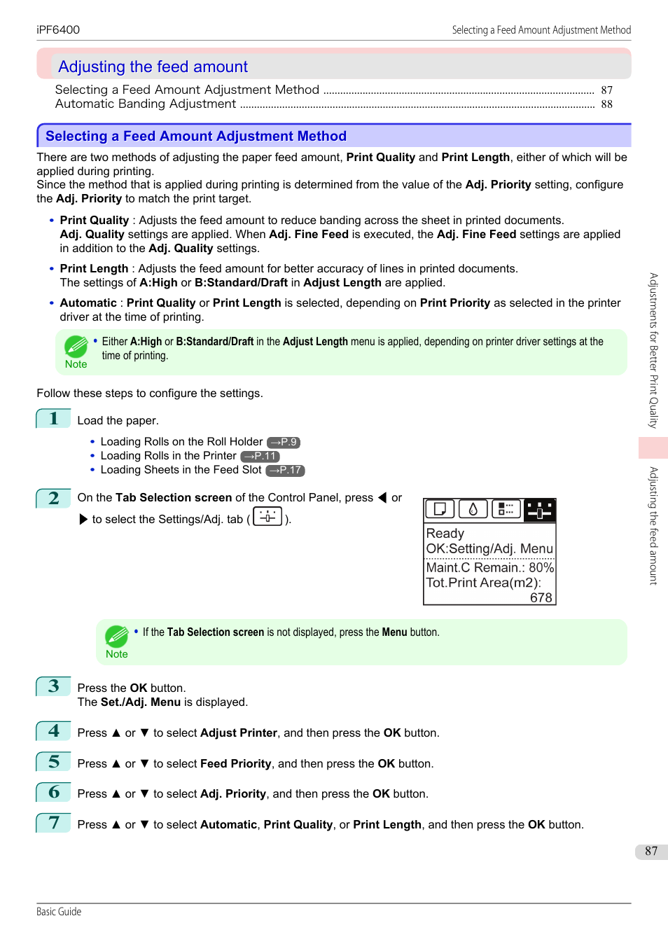 Adjusting the feed amount, Selecting a feed amount adjustment method | Canon imagePROGRAF iPF6400 User Manual | Page 87 / 142