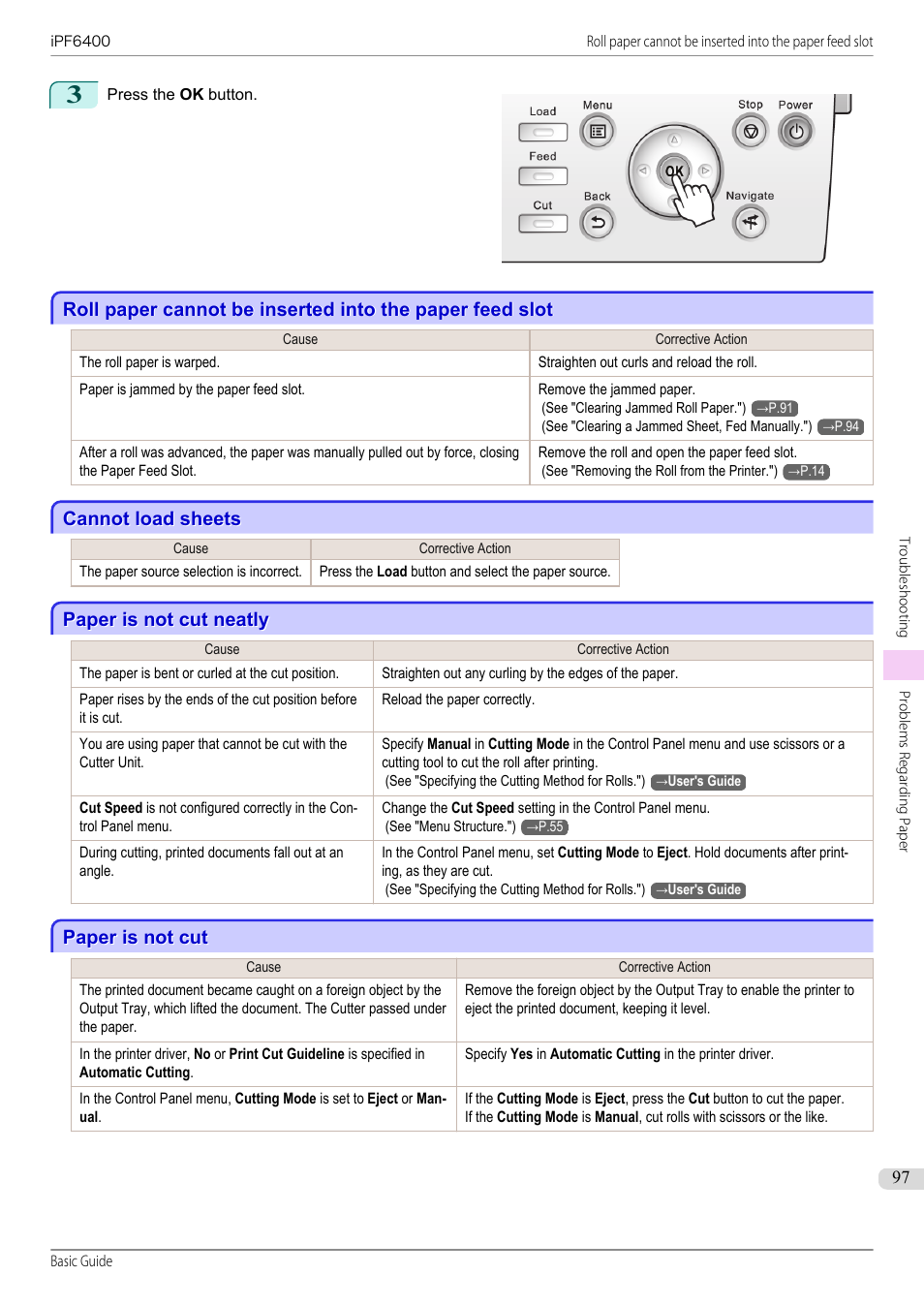 Cannot load sheets, Paper is not cut neatly, Paper is not cut | Canon imagePROGRAF iPF6400 User Manual | Page 97 / 142