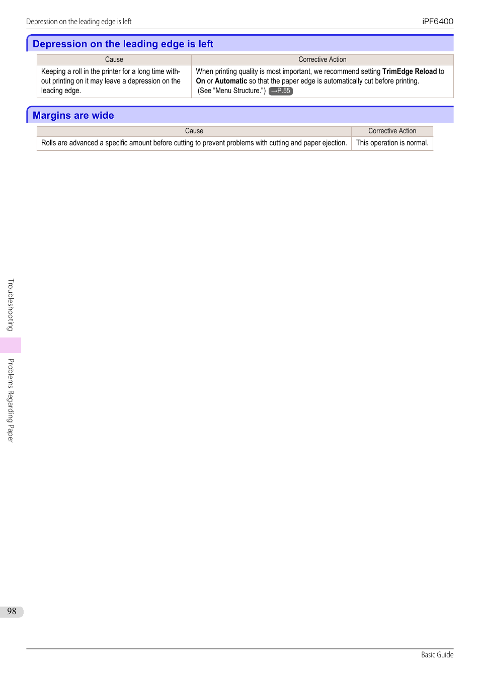 Depression on the leading edge is left, Margins are wide | Canon imagePROGRAF iPF6400 User Manual | Page 98 / 142