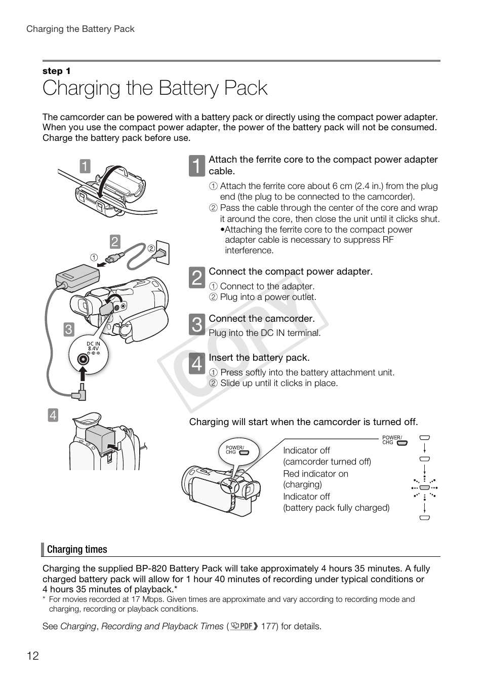 Charging the battery pack, Cop y | Canon VIXIA HF G30 User Manual | Page 12 / 26