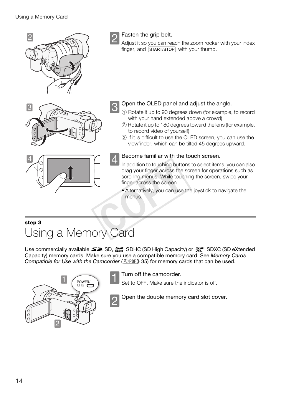 Using a memory card, Cop y | Canon VIXIA HF G30 User Manual | Page 14 / 26