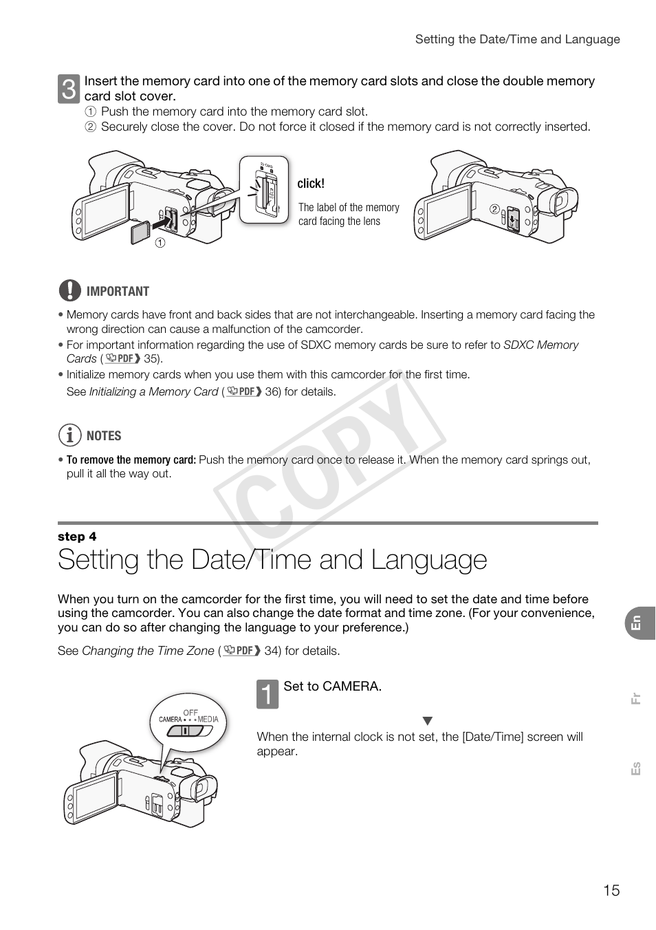 Setting the date/time and language, Cop y | Canon VIXIA HF G30 User Manual | Page 15 / 26