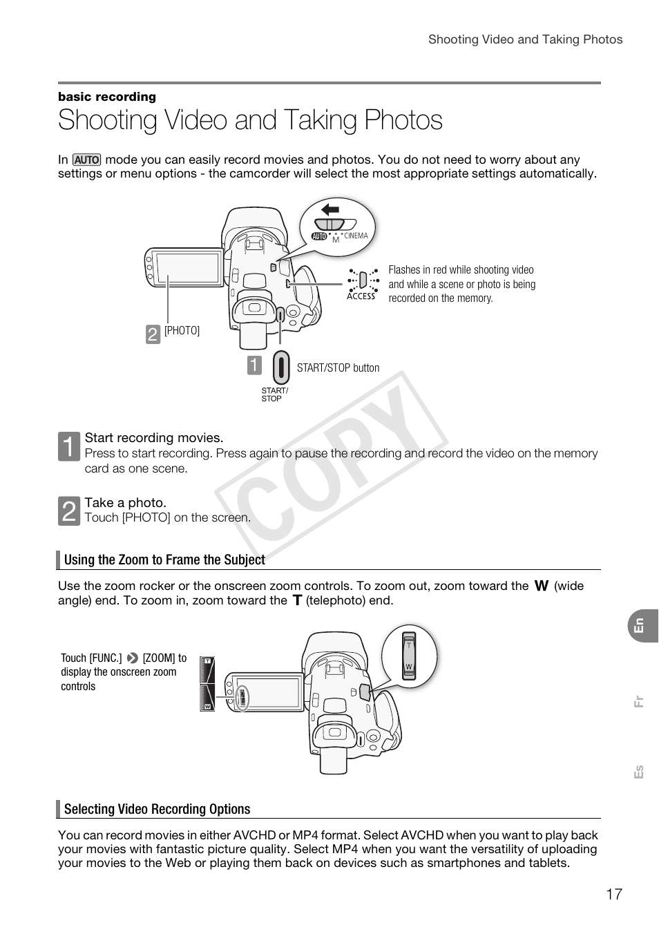 Shooting video and taking photos, Cop y | Canon VIXIA HF G30 User Manual | Page 17 / 26