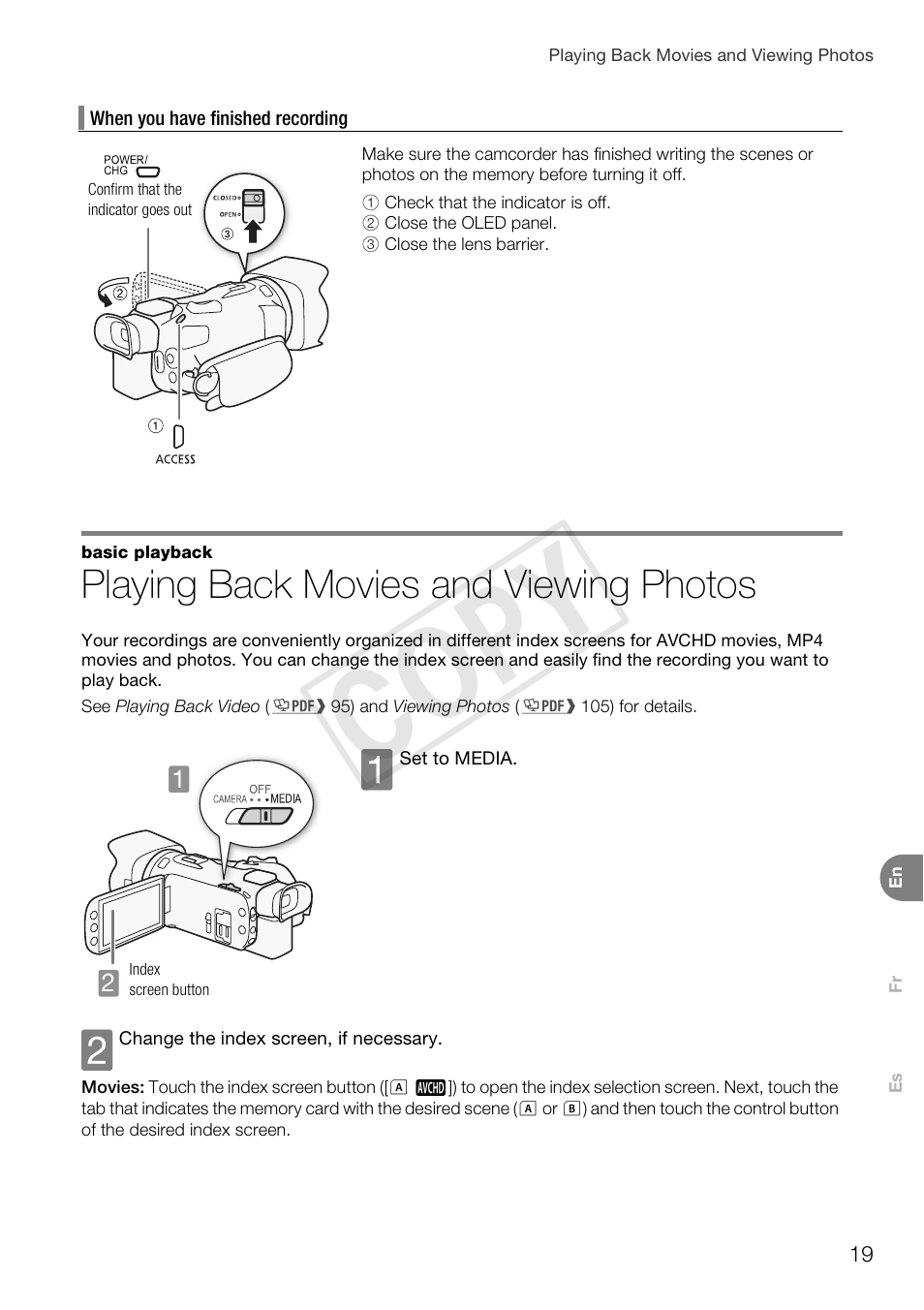 Playing back movies and viewing photos, Cop y | Canon VIXIA HF G30 User Manual | Page 19 / 26