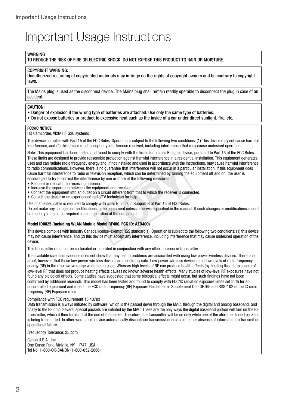 Cop y, Important usage instructions | Canon VIXIA HF G30 User Manual | Page 2 / 26