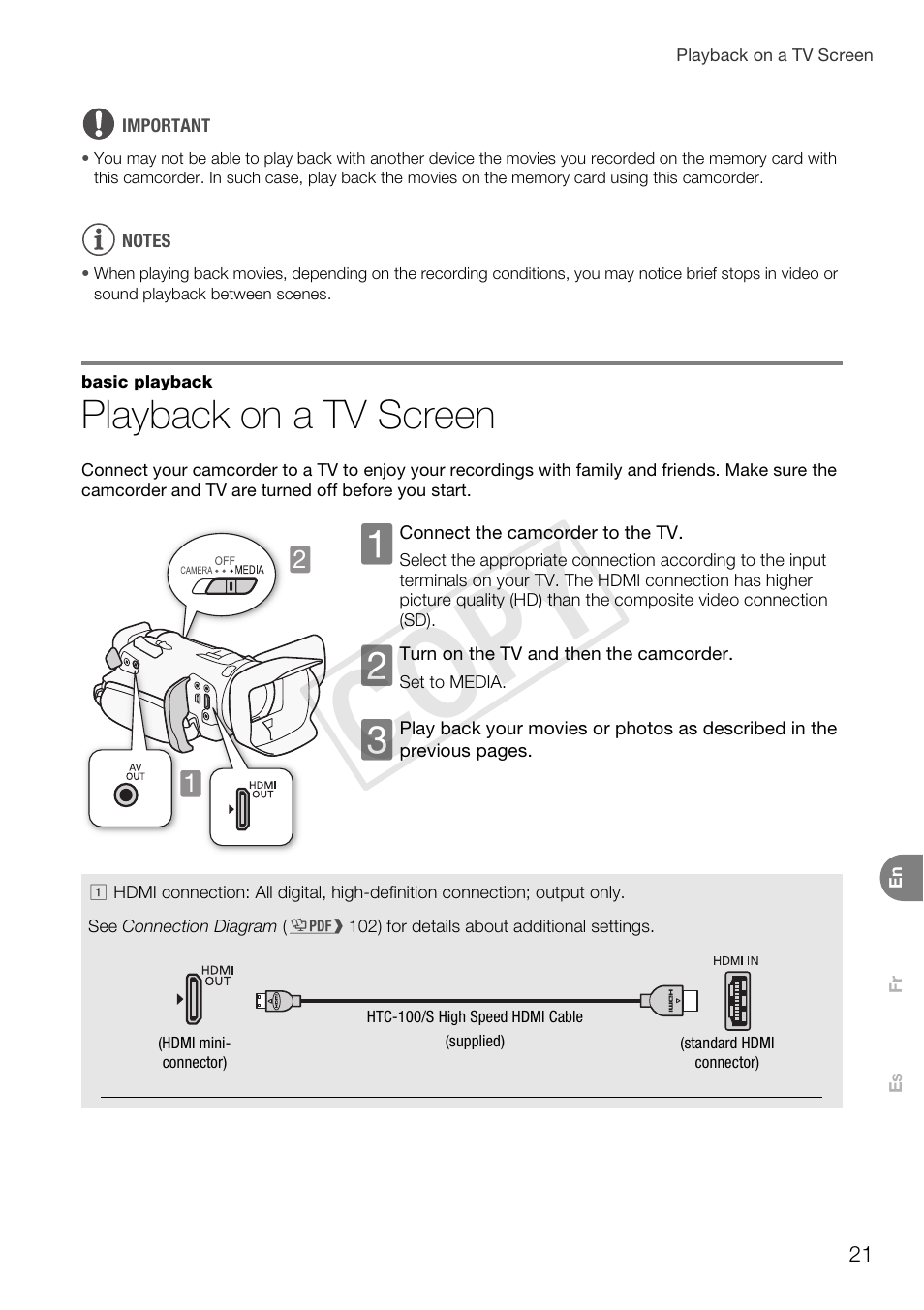 Playback on a tv screen, Cop y | Canon VIXIA HF G30 User Manual | Page 21 / 26