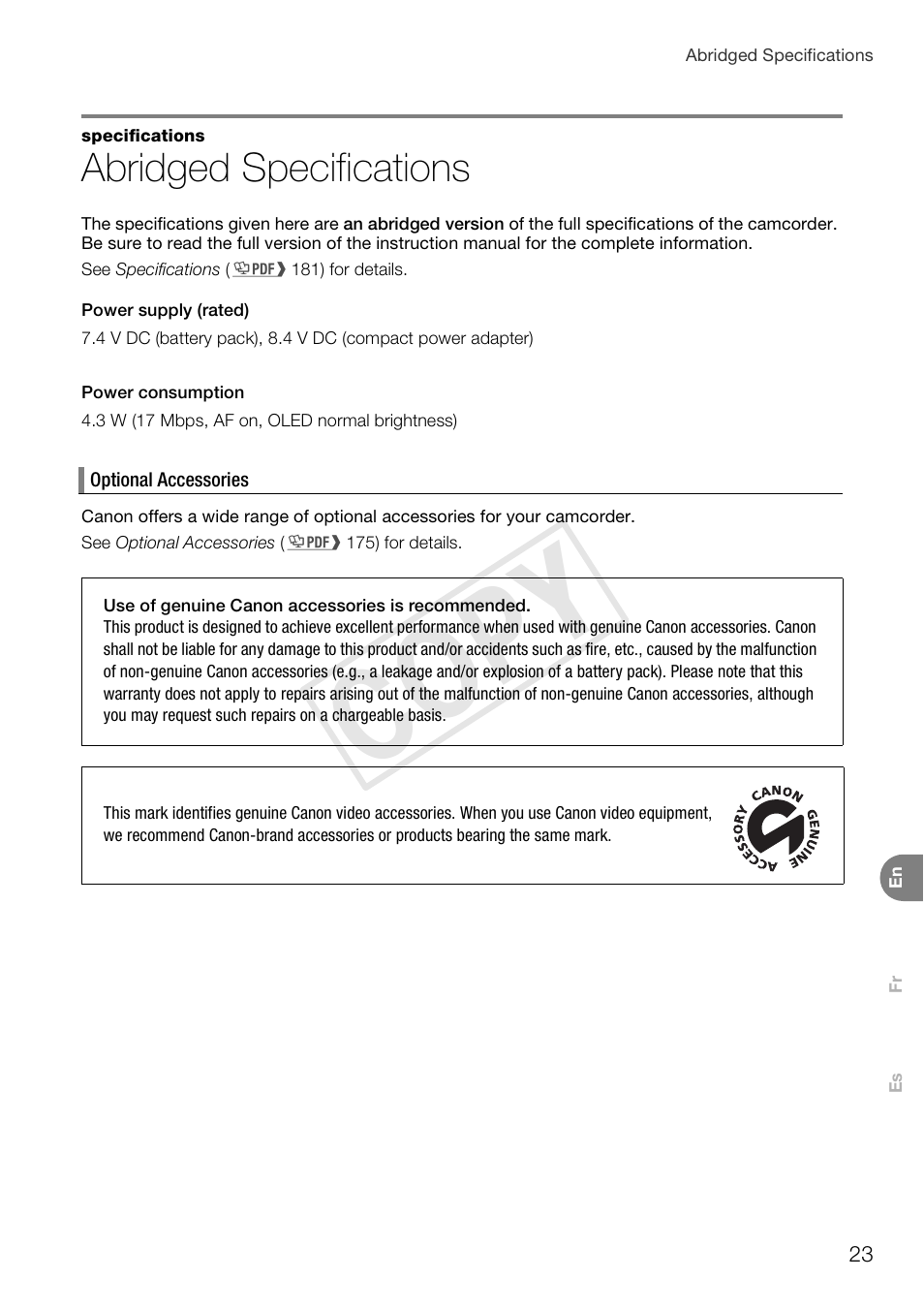 Abridged specifications, Cop y | Canon VIXIA HF G30 User Manual | Page 23 / 26