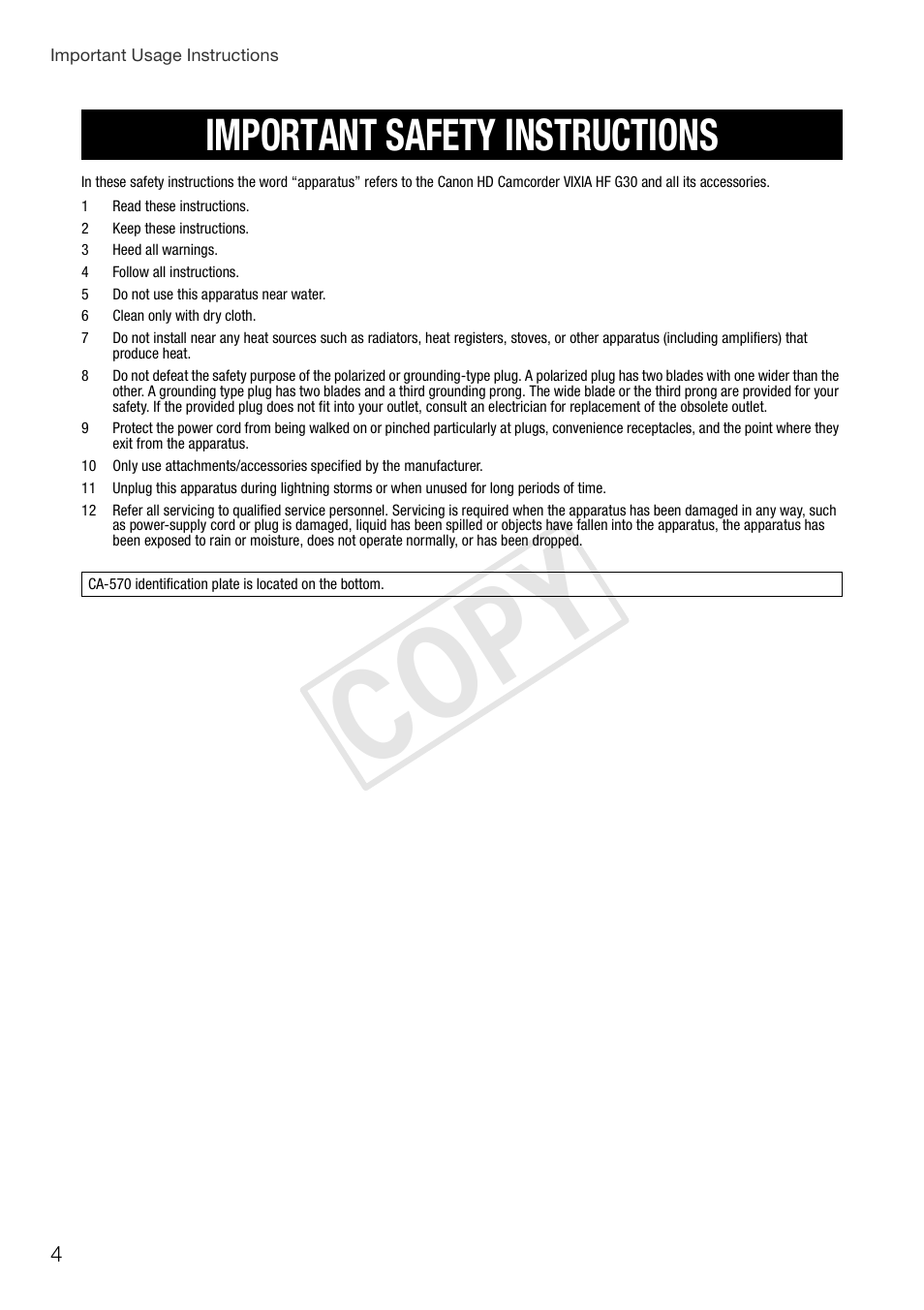 Cop y, Important safety instructions | Canon VIXIA HF G30 User Manual | Page 4 / 26