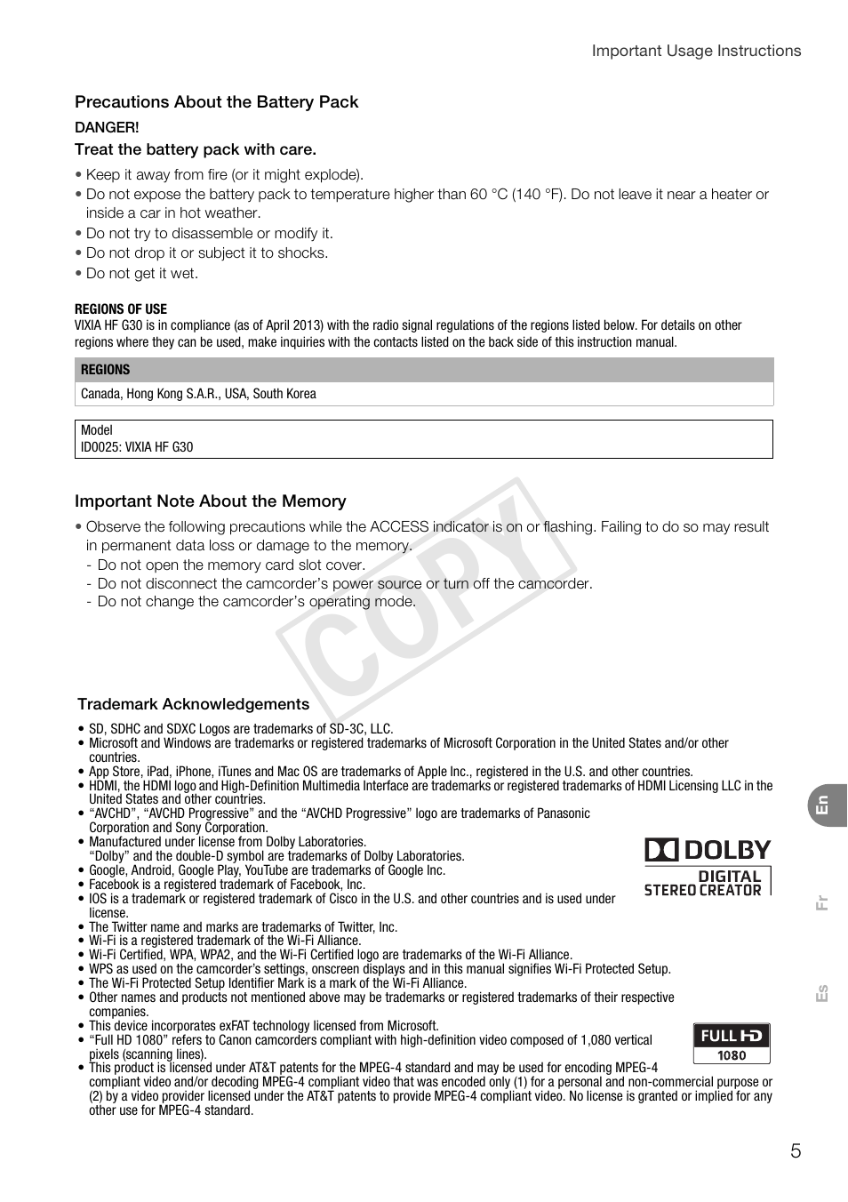 Cop y | Canon VIXIA HF G30 User Manual | Page 5 / 26