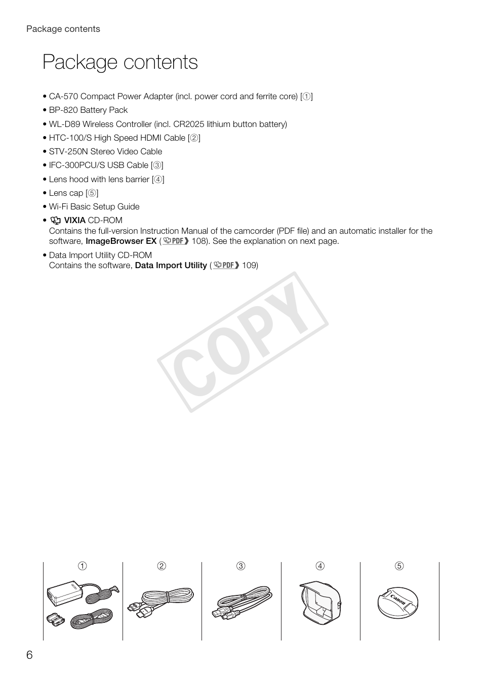 Cop y, Package contents | Canon VIXIA HF G30 User Manual | Page 6 / 26