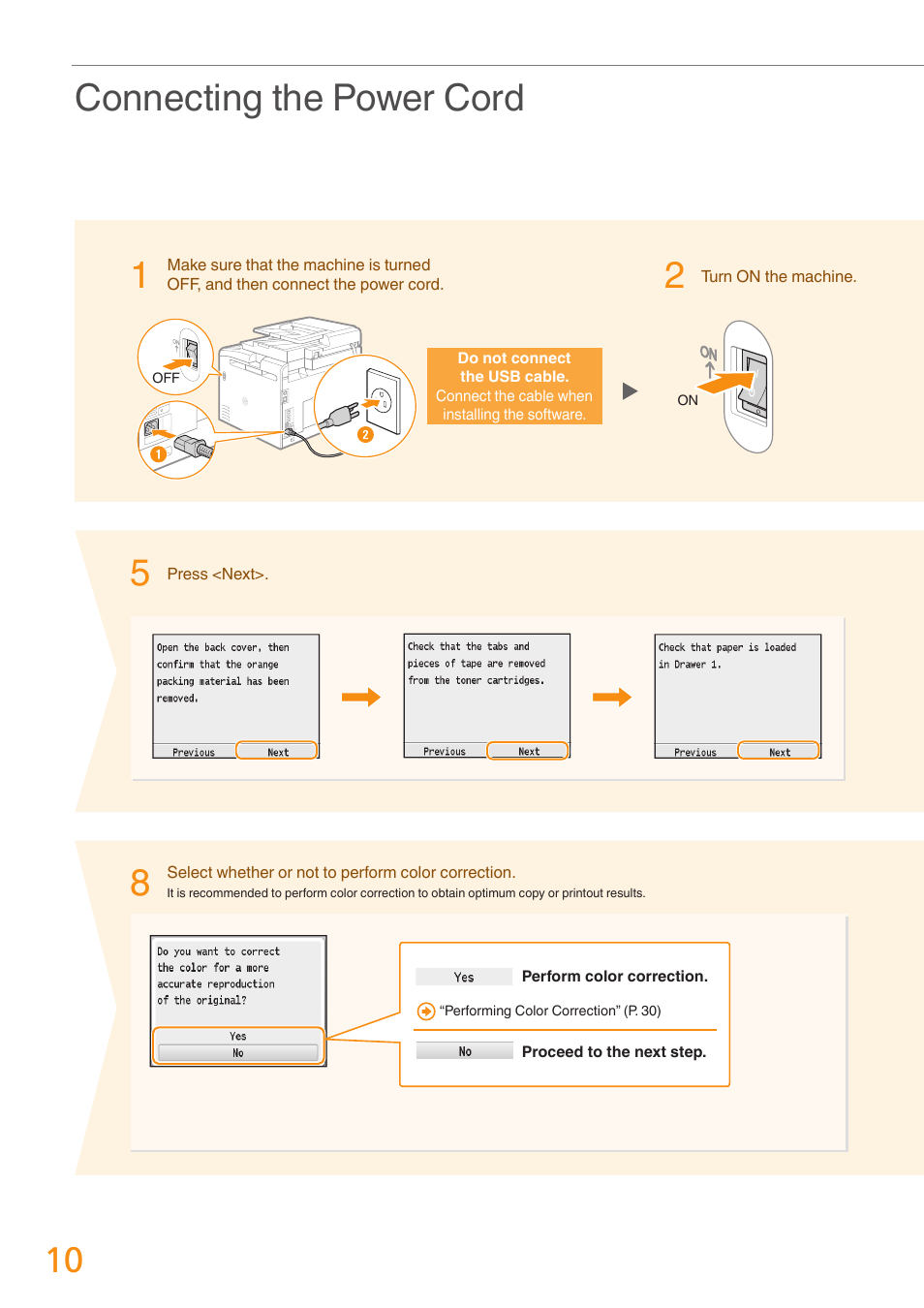 Connecting the power cord | Canon Color imageCLASS MF8280Cw User Manual | Page 10 / 36