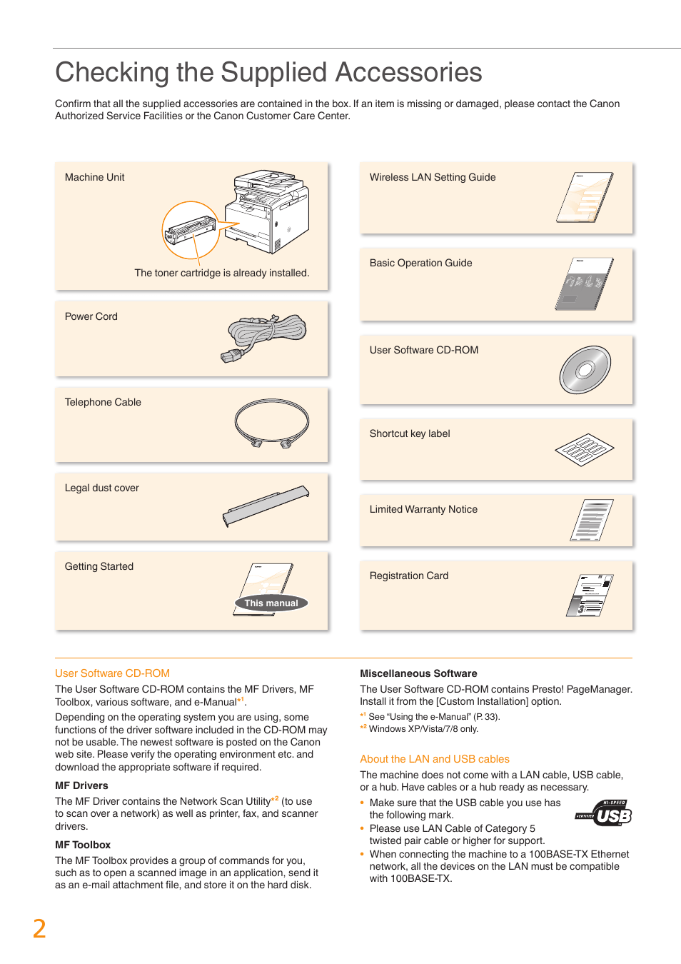 Checking the supplied accessories | Canon Color imageCLASS MF8280Cw User Manual | Page 2 / 36