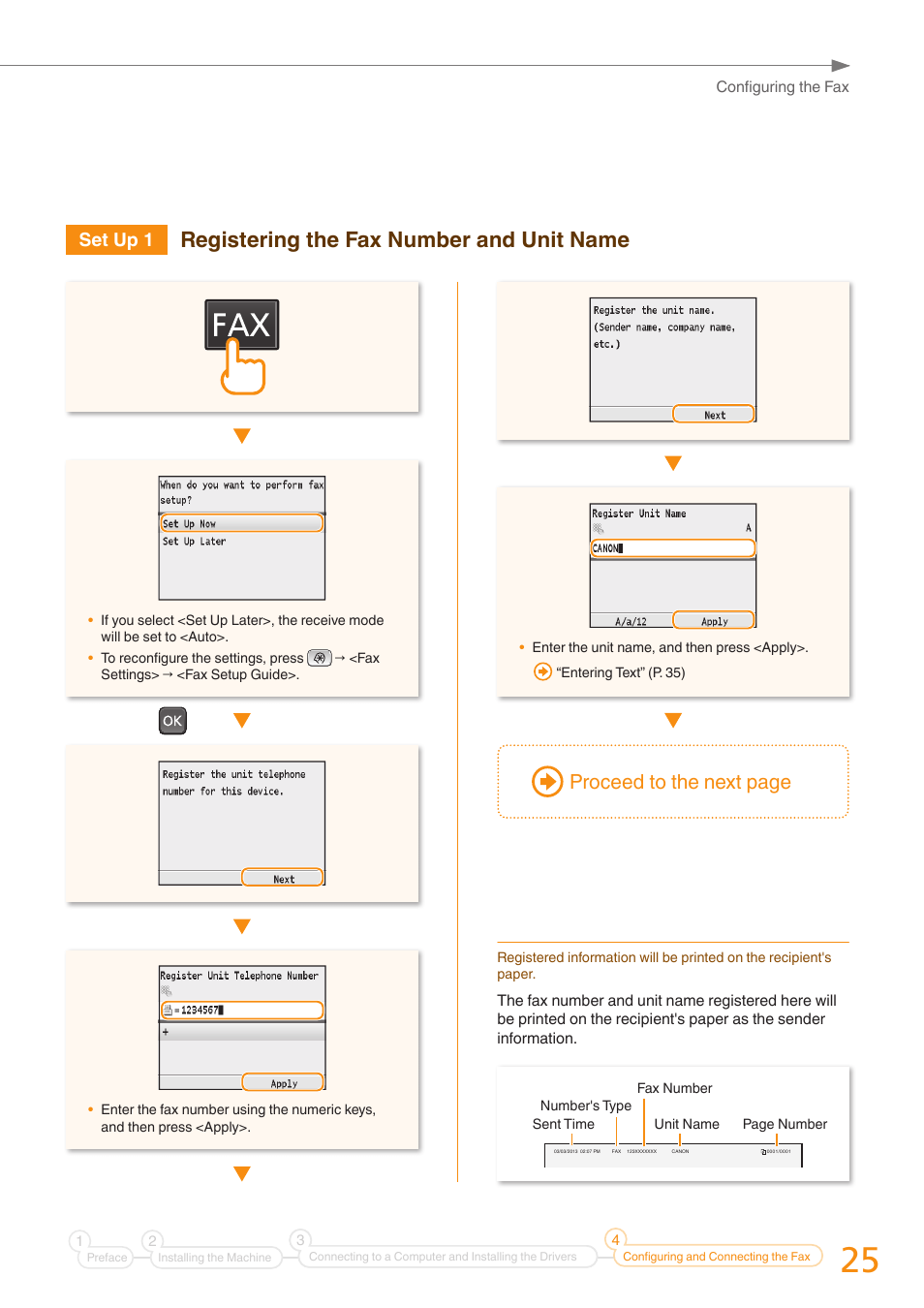Registering the fax number and unit name, Proceed to the next page, Set up 1 | Canon Color imageCLASS MF8280Cw User Manual | Page 25 / 36