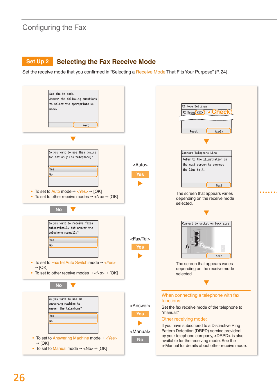 Configuring the fax, Selecting the fax receive mode, Check | Set up 2 | Canon Color imageCLASS MF8280Cw User Manual | Page 26 / 36