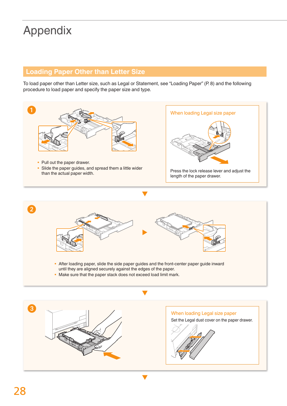 Appendix, Loading paper other than letter size | Canon Color imageCLASS MF8280Cw User Manual | Page 28 / 36