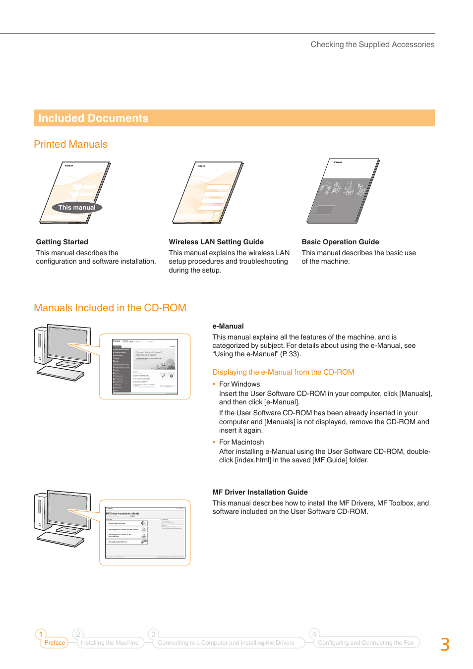 Included documents, Printed manuals, Manuals included in the cd-rom | Canon Color imageCLASS MF8280Cw User Manual | Page 3 / 36